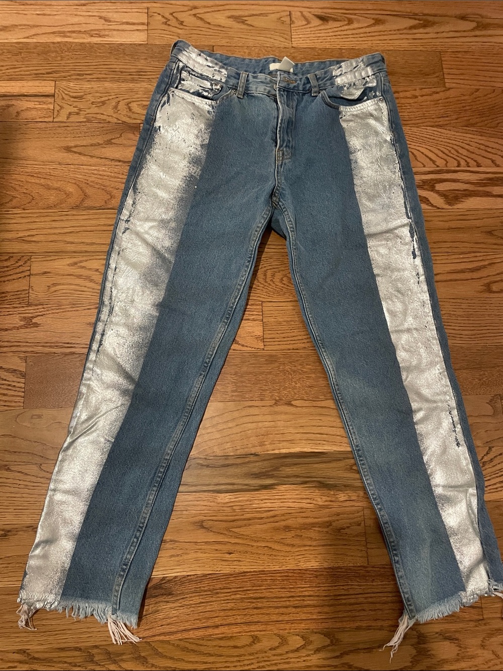 Blue Skinny Jeans with Silver Metallic Side Panels